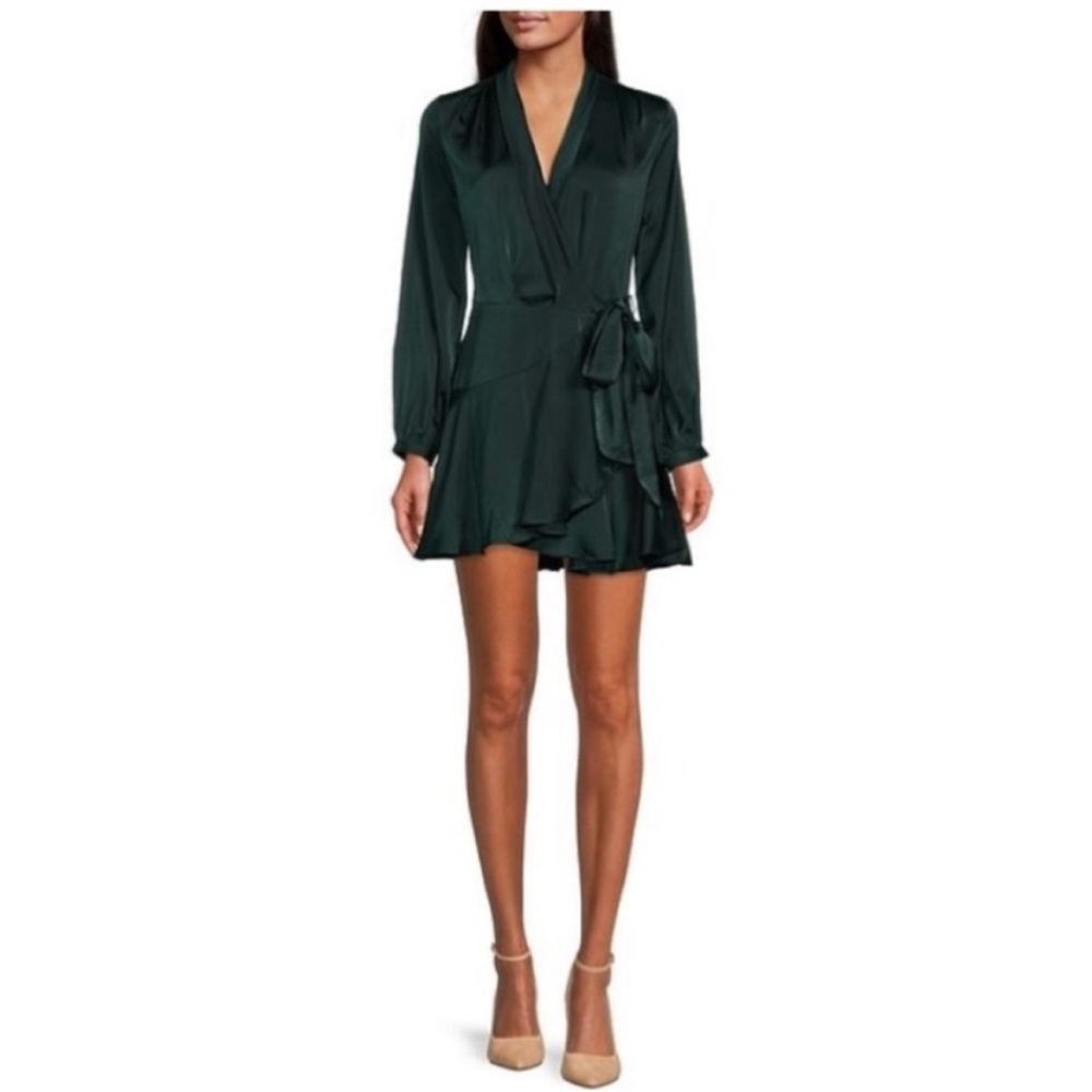 Green satin mini wrap dress with long sleeves